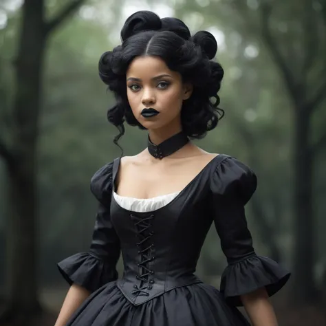designed by Gary Bunt and (Eyvind Earle:1.3) , Redshift render, Hip-Hop (Hecate:1.3) , she is very Refined, Magician, dressed in 1700'S Peplum dress, The Peplum dress has small Leather belts, Crossed arms, her hair is French, she has a Gloomcore Fangs, Thunderstorm, tilt shift, Cosy, Steampunk Art, Fish-eye Lens, Amaro, pleasant, Plain white background