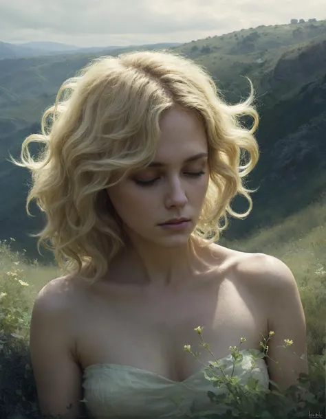 art by Giuseppe de Nittis,art by Fletcher Sibthorp, Drawing, lush hillside, Soft well-endowed Gorgon, Weary Blonde hair, FOV 90 degrees, Bloom light, Hypersaturated, octane engine, Digital Art Illustration Adobe Photoshop