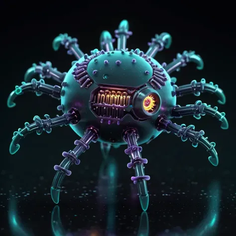 (virus-shaped microbe-like (cyber:0.3)-nanobot:1.2), high precision micro biomechanical hybrid, futuristic mechanics, advanced technology product, cinematic lighting