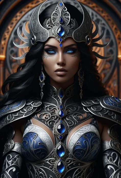 A full body photo shot of a beautiful and breathtaking image of an armored ((dark-sorceress) ) (woman) wearing white and black with intricate sapphire pattern details, she has summoned a reaper behind her with intricate details intricate markings, phot-shoot studio in the background, ((guardian) ), pose, attentive, serious demeanor, This full body image is a one of a kind unique (poster) , highly detailed, 8k sharp focus quality photorealistic ((masterpiece) ), blue detailed perfect eyes, beautiful perfect face, perfection, perfect symmetry
