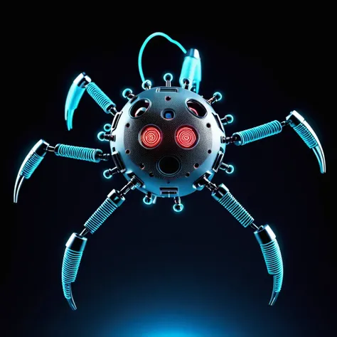 cybernetic robot (virus-shaped microbe-like (cyber:0.3)-nanobot:1.2), high precision micro biomechanical hybrid, futuristic mechanics, advanced technology product . android, AI, machine, metal, wires, tech, futuristic, highly detailed