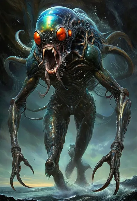 Rembrandt realistic oil painting, retro artstyle, score_9, score_8_up, score_9_up, very detailed, ultra realistic, (best quality) very detailed masterpiece, full body picture of a futuristic squid-like alien creature in front of an alien mount, big mouth with big fangs, iridescent skin, very dark background, very dramatic lighting, much shadow, low saturation, full body, realistic realistic, realism, photo realistic oil painting, photo realistic painting