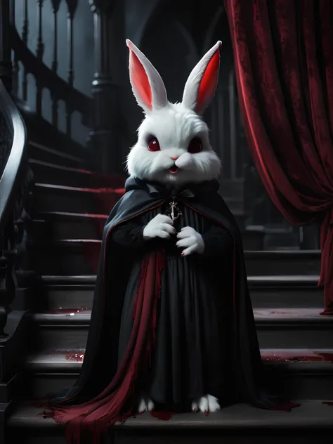 concept art, kawaii fantasy vampire bunny, fluffy with black cape, elegant gothic staircase and blood red drapes in the background, air of mystery
