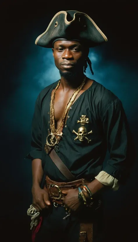 masterwork photograph, Long exposure, short lighting, Hasselblad, Angelic short Nigerian Male Pirate, Fujicolor Superia X-TRA 400, spotlight, L USM