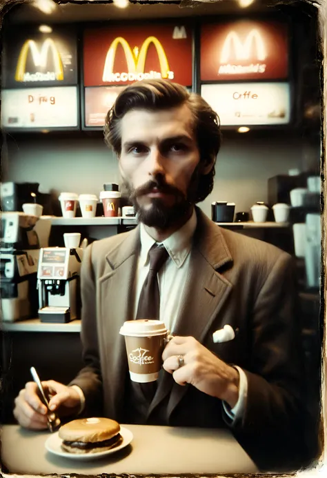the hired killer (drins a cup of coffee) at mcdonalds after his job is done, breathtaking vintage photography, masterpiece, <lora:sdxl_xl_more_art-full_v1:0.5>, <lora:sdxl_EldritchPinhole:1>, , , , ,