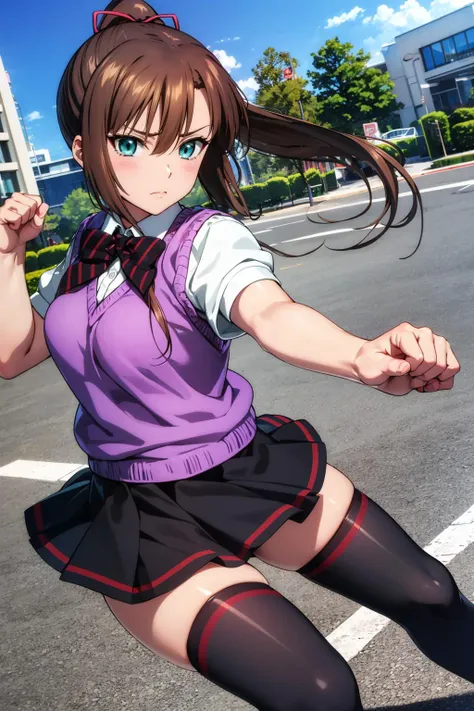 masterpiece, best quality, <lora:kirasakasayaka-nvwls-v1-000009:0.9> kirasaka sayaka, ponytail, hair ribbon, bowtie, white shirt, purple sweater vest, short sleeves, pleated skirt, black thighhighs, fists, fighting stance, looking at viewer, furrowed brow, dutch angle, outdoors, city