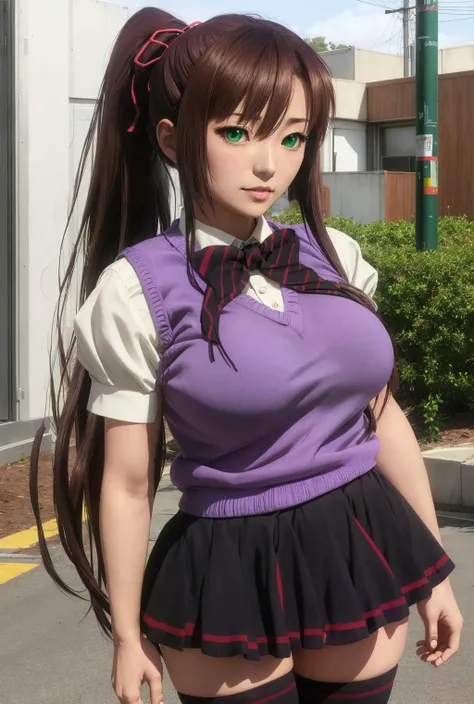 Yui Kotegawa、Colossal tits、School rooftop、Panchira、with floral pattern　pink panties、Whitecheck　Green pleated skirt、Black lace　Polka Dot Bra、Navel Ejection、Black lace stockings、Brown loafers、A slender、Kneeling、armpit