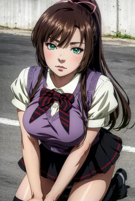 kirasaka sayaka,ponytail,green eyes,big breasts<lora:ÐиÑаÑака(kirasaka sayaka,ponytail,green eyes,big breasts(hair ribbon,bowtie, white shirt,purple sweater vest,short sleeves,pleated skirt,black thighhighs):1> hair ribbon,bowtie, white shirt,purple sweater vest,short sleeves,pleated skirt,black thighhighs, anime style, anime colors,detailed anime,animeHD, anime eyes, bigger eyes, high quality anime, large anime pupils, 1girl (in full growth), best quality, masterpiece, ultra-detailed, high quality,perfect anatomy, (perfect full body), (detailed full body), good eyes, perfect face, pretty face,(beautiful and aesthetic:1.2),beautiful eyes, anime eyes, detailed eyes,Exquisite visuals, high-definition, skirt lift, blush, stomach, clothes lift, (no bra), underboob,lifted by self