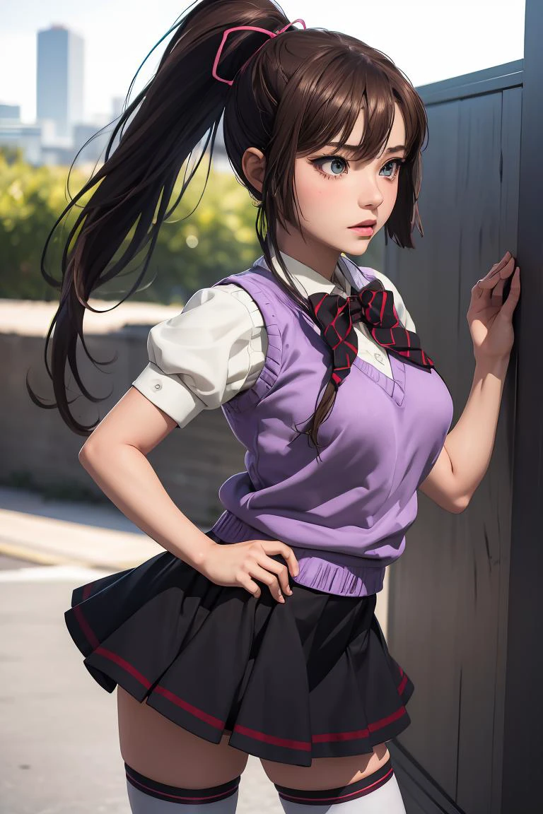 (masterpiece, best quality), 1girl, <lora:kirasakasayaka-nvwls-v1:1> kirasaka sayaka, ponytail, hair ribbon, bowtie, white shirt, purple sweater vest, short sleeves, pleated skirt, black thighhighs