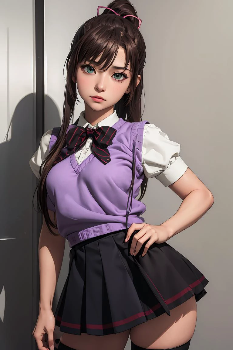 (masterpiece, best quality), 1girl, <lora:kirasakasayaka-nvwls-v1:1> kirasaka sayaka, ponytail, hair ribbon, bowtie, white shirt, purple sweater vest, short sleeves, pleated skirt, black thighhighs