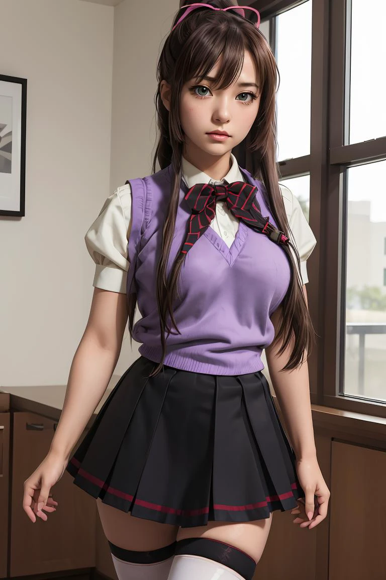 (masterpiece, best quality), 1girl, <lora:kirasakasayaka-nvwls-v1:1> kirasaka sayaka, ponytail, hair ribbon, bowtie, white shirt, purple sweater vest, short sleeves, pleated skirt, black thighhighs