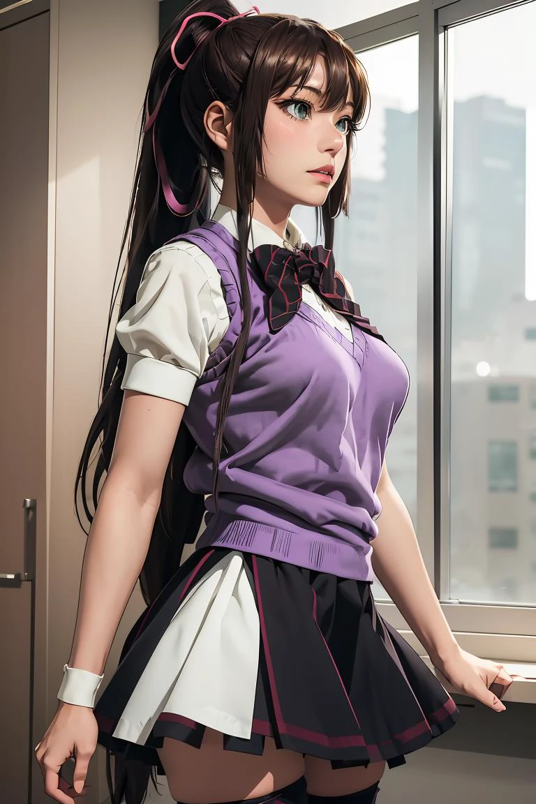 (masterpiece, best quality), 1girl, <lora:kirasakasayaka-nvwls-v1:1> kirasaka sayaka, ponytail, hair ribbon, bowtie, white shirt, purple sweater vest, short sleeves, pleated skirt, black thighhighs