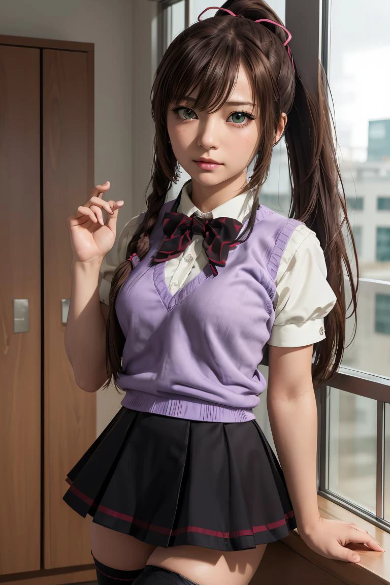 (masterpiece, best quality), 1girl, <lora:kirasakasayaka-nvwls-v1:1> kirasaka sayaka, ponytail, hair ribbon, bowtie, white shirt, purple sweater vest, short sleeves, pleated skirt, black thighhighs