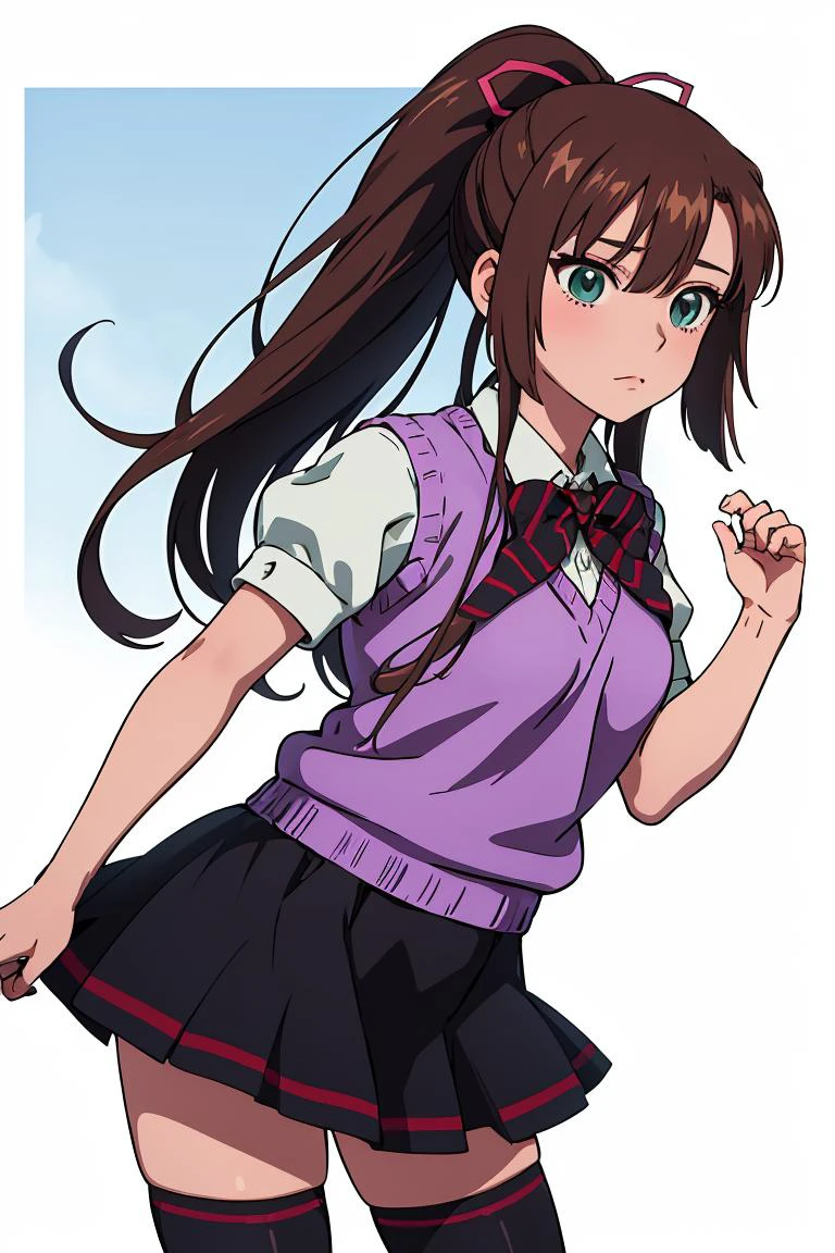 (masterpiece, best quality), 1girl, <lora:kirasakasayaka-nvwls-v1:1> kirasaka sayaka, ponytail, hair ribbon, bowtie, white shirt, purple sweater vest, short sleeves, pleated skirt, black thighhighs