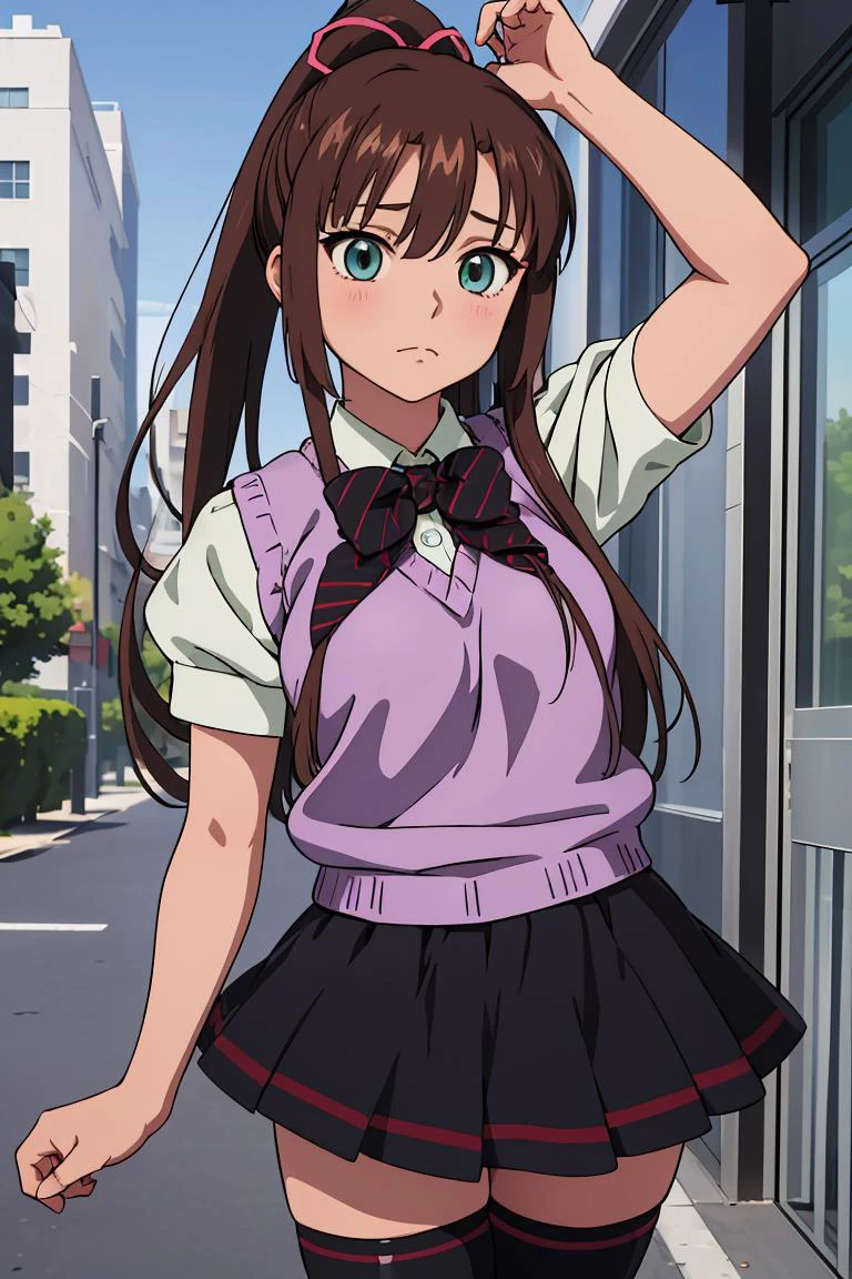 (masterpiece, best quality), 1girl, <lora:kirasakasayaka-nvwls-v1:1> kirasaka sayaka, ponytail, hair ribbon, bowtie, white shirt, purple sweater vest, short sleeves, pleated skirt, black thighhighs