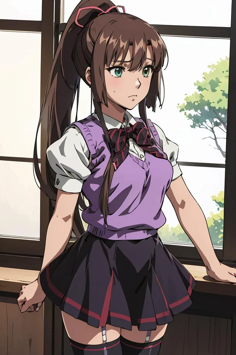 (masterpiece, best quality), 1girl, <lora:kirasakasayaka-nvwls-v1:1> kirasaka sayaka, ponytail, hair ribbon, bowtie, white shirt, purple sweater vest, short sleeves, pleated skirt, black thighhighs