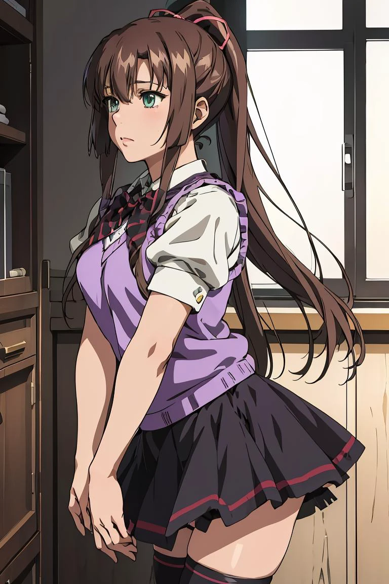 (masterpiece, best quality), 1girl, <lora:kirasakasayaka-nvwls-v1:1> kirasaka sayaka, ponytail, hair ribbon, bowtie, white shirt, purple sweater vest, short sleeves, pleated skirt, black thighhighs