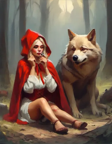 Photo of Little Red Riding Hood, blonde woman, sitting on the ground, sharing a joint with the Big Bad Wolf <lora:EldritchDigitalArt1.3:1> digital painting