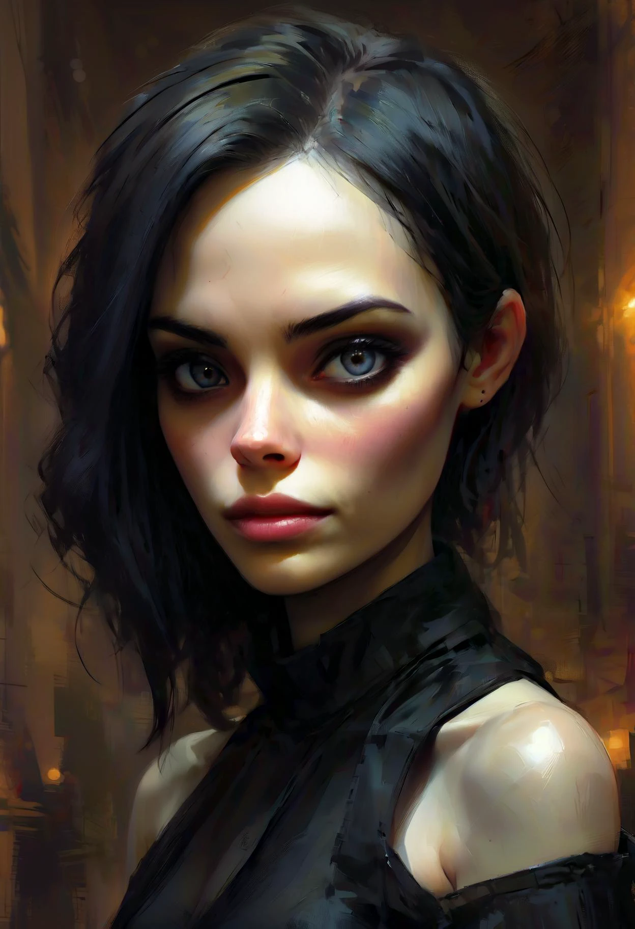 Positiv Clip L
digital painting, style of Casey Baugh, an award-winning picture, an impressive close up, face, skinny, Gothic, woman
Positive Clip G
digital painting, style of Casey Baugh, an award-winning picture, an impressive close up, of the face of a skinny Gothic woman that captivates the viewer. Her pale, porcelain-like skin appears almost supernatural, while her dark eyes exude depth and penetration. The fine details of her face are accentuated by the interplay of light and shadow, highlighting her distinctive features. The dark lips lend a mysterious sensuality to her expression. This close-up captures the intensity and captivating allure of Gothic aesthetics in a single moment
---------