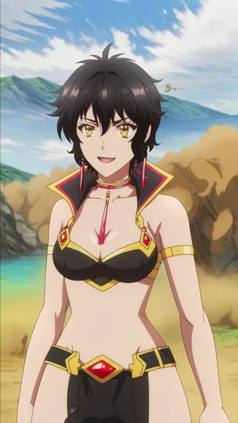 icm-lemia,yellow eyes,black hair,short hair,earrings,choker,collarbone,medium breasts,full body,solo,1girl,highres,high quality,masterpiece,many details,outdoors,<lora:icm-lemia:1>,covered nipples,groin,18yr girl,sideboob,bikini_bottom_only,wedgie,tight,bikini,mid-autumn festival,sky,cloudy,looking_at_another,illustration,happy,open_stance,