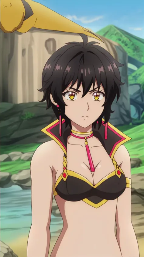 icm-lemia,swimsuit,yellow eyes,black hair,short hair,earrings,choker,collarbone,medium breasts,full body,solo,1girl,highres,high quality,masterpiece,many details,outdoors,<lora:icm-lemia:1>,