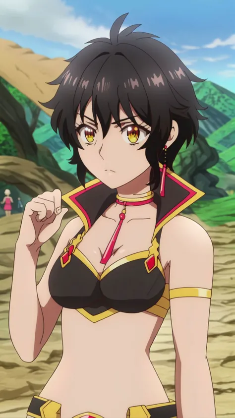 icm-lemia,swimsuit,yellow eyes,black hair,short hair,earrings,choker,collarbone,medium breasts,full body,solo,1girl,highres,high quality,masterpiece,many details,outdoors,<lora:icm-lemia:1>,