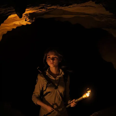 <lora:FRG:1> a young woman carrying a burning torch in a dark cave