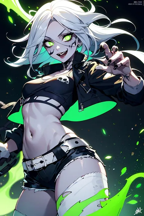 masterpiece, best quality, 1girl, beautiful face,
(GlowingNightmare:1), glowing, Nara_AFK, solo, 1girl, grey skin, long white hair, torn clothes, black crop top, jacket, belt, shorts, glowing green, zombie, skull, dynamic pose,
<lora:Nightmare_Nara:0.9>,