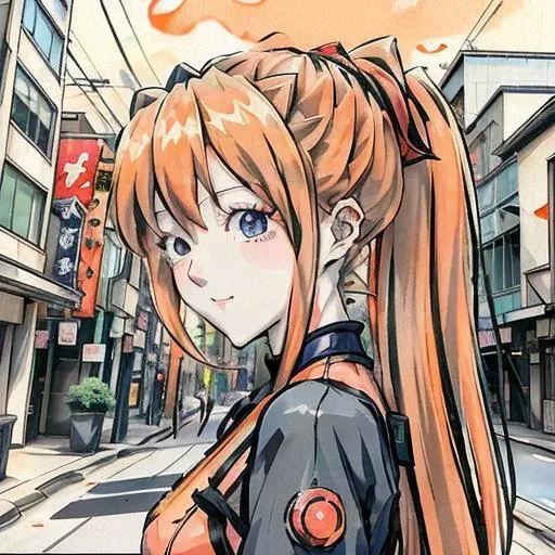 Asuka, (long orange hair:),(double ponytail),(hair ornament:1.1),(masterpiece:1.3), (best quality:1.3),(anime style:1.5), (inkpaint:1.2),techwear,beautiful lighting, Tokyo street,blue sky, <lora:Moxin_10:0.5> <lora:Asuka:1>