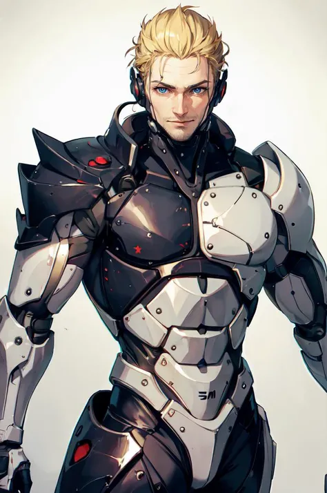 <lora:samuel_rodrigues:0.55> samuel_rodrigues, armor, cyborg, fighting stance, ultra detailed, masterpiece, best quality,, solo, smile, 1boy, blue eyes, medium blonde hair, parted bangs, hair intakes, male focus, muscular male,