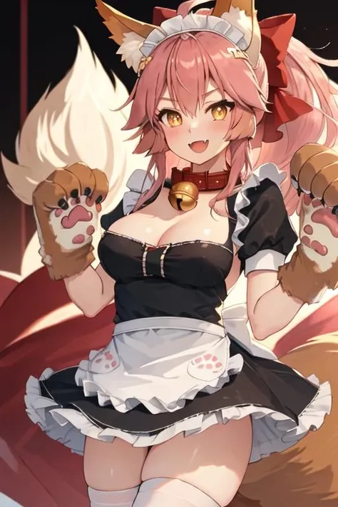 best quality, masterpiece, highres, solo, {tamamo_cat_fgo:1.15}, animal_ears, fox_ears, long_hair, pink_hair, animal_hands, yellow_eyes, ponytail, bell, animal_ear_fluff, breasts, neck_bell, fox_tail, tail, blush, fox_girl, large_breasts, jingle_bell, open_mouth, bow, hair_bow, apron, bangs, hair_between_eyes, red_bow, maid_headdress, fang, smile, cat_paws, hair_ribbon, 1girl, collar, gloves, looking_at_viewer, maid, maid_apron, red_ribbon, ribbon, enmaided, fangs, paw_gloves, alternate_costume