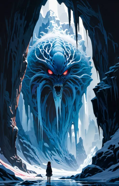 triadic colors, midriff, solo, japanese ink, dark night, grim shadow, dramatic lighting BREAK epic landscape of ice alien landscape covered in ice and snow, with frigid temperatures, landscape dominated by glaciers, ice caves, and frozen oceans BREAK (anime manga by Hiroshi Yoshida Hiroshi Nagai) <lora:xl_more_art-full_v1:0.5>