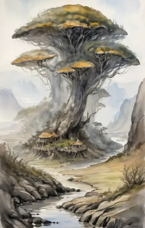 ink wash, colorful watercolor, official art of the amazing landscape of morrowind and wvardenfell, The Bitter Coast: A swampy region along the western coast of Vvardenfell, where the sea meets the land. The Bitter Coast is full of marshes, caves, and ruins, as well as smugglers, bandits, and slavers. The Bitter Coast is also known for its giant mushrooms and exotic plants, such as marshmerrow and saltrice., the elder scrolls. (sketch style, Irregular and slightly erased edges, white edges, blurred edges, trending on artstation, intricate details, highly detailed, by greg rutkowski:1.4)