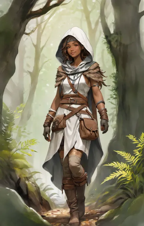 ink wash, colorful watercolor, official art of the amazing statuesque New Caledonian woman with a shy smile portrait, looking down, ( theme:1.1) scout, light smile, dynamic pose, medieval fantasy setting, high fantasy, brown furred leather clothes, gloves, hood, pouch, straps, belt, swampy forest, bushes, stones, clearing, evergreen trees, roots, moss, falling leaves, ferns, flowers, feathers, arrows in quiver, rain, (sketch style, Irregular and slightly erased edges, white edges, blurred edges, trending on artstation, intricate details, highly detailed, by greg rutkowski:1.4)