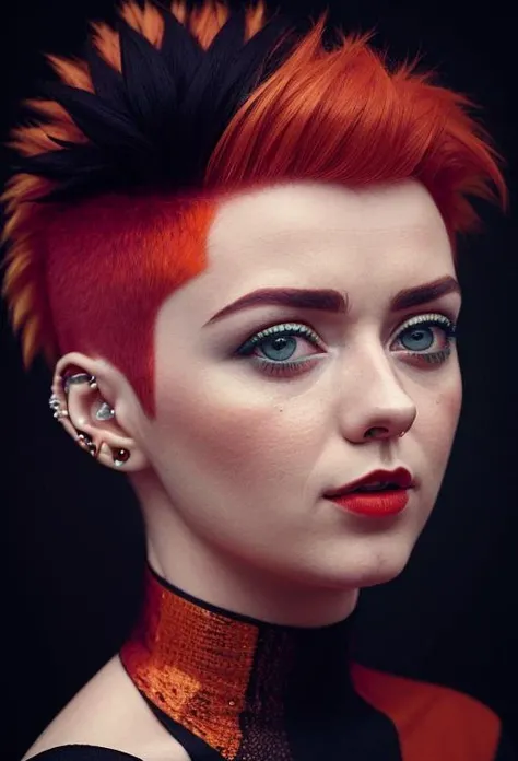 portrait of sks woman by Flora Borsi, style by Flora Borsi, bold, bright colours, orange Mohawk haircut, ((Flora Borsi)),
<lyco:maisieWilliams_v10:1.2>