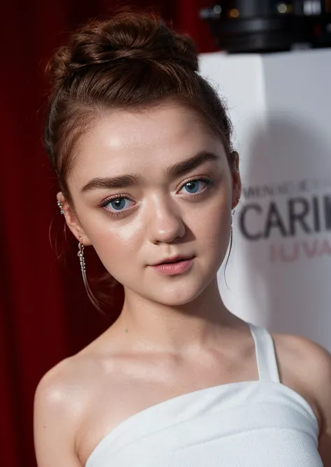 Masterpiece, ((((Look at viewers)))), Ultra realistic high definition of Maisie Williams real life actress, Soumise, relaxed, Ultra realistic high definition micro detail superb blue eyes, Ultra realistic high definition micro detail superb detail skin, Ultra realistic high definition micro detail superb thick glossy lips, Seductrice eyes, (((Low profile tight white micro mini skirt with tight white tube top))),Show lower belly, Show navel and lower, Show shoulder skin, Short red hair, ((((Look at viewers)))), Warm professional lighting, Premier red carpet movie, Paparazzi camera flashes everywhere, Red carpet background with celebrity's, random jewlery, Show her back, sks woman, <lora:locon_maisie_v1_from_v1_64_32:1>, RAW candid cinema, 16mm, color graded portra 400 film, remarkable color, ultra realistic, textured skin, remarkable detailed pupils, realistic dull skin noise, visible skin detail, skin fuzz, dry skin, shot with cinematic camera, Tiny cute isometric in a cutaway box, soft smooth lighting, soft colors, 100mm lens, 3d blender render
