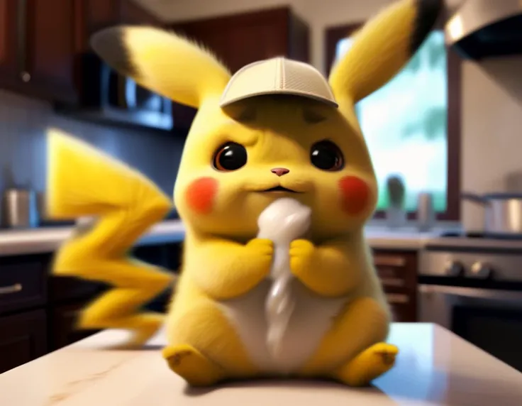 candid RAW Photo, (grumpy:1.2) Pikachu (Sitting crossed-legged, relaxed,  tornado , A warm kitchen, with the scent of home-cooked meals and laughter of loved ones:1.2), <lora:pikachu:0.8>