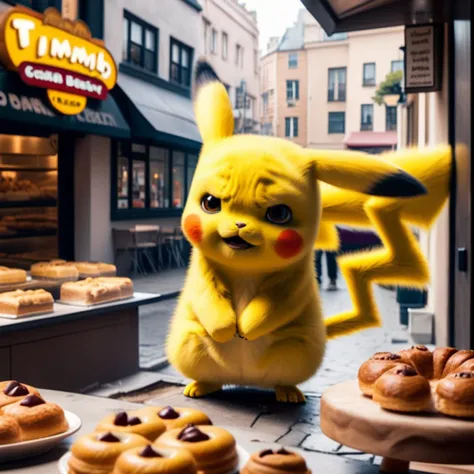 candid RAW Photo, (grumpy:1.2) Pikachu (Standing with hands in front, suggesting submission,  sinkhole , A charming bakery, with mouth-watering pastries and the sound of friendly chatter:1.2), <lora:pikachu:0.8>