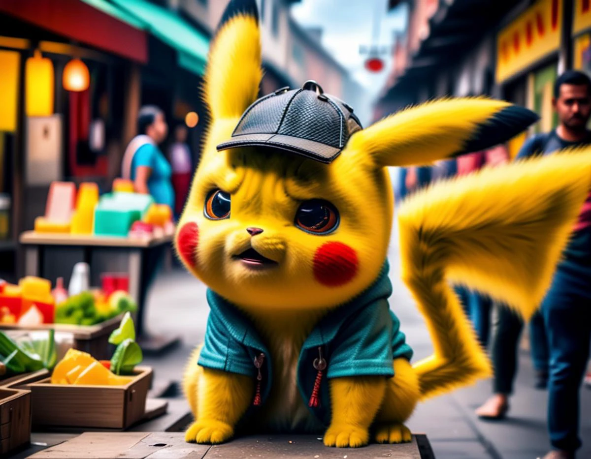 candid RAW Photo, (grumpy:1.2) Pikachu (One hand covering the mouth, indicating shock or disbelief, glacier , A vibrant street market, with vendors showcasing their unique crafts and products:1.2), <lora:pikachu:0.8>