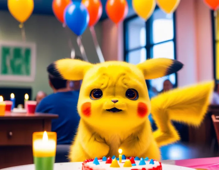 candid RAW Photo, (grumpy:1.2) Pikachu (Standing with hands in front, suggesting submission, hailstorm , A joyful birthday party, with colorful decorations and laughter in the air:1.2), <lora:pikachu:0.8>