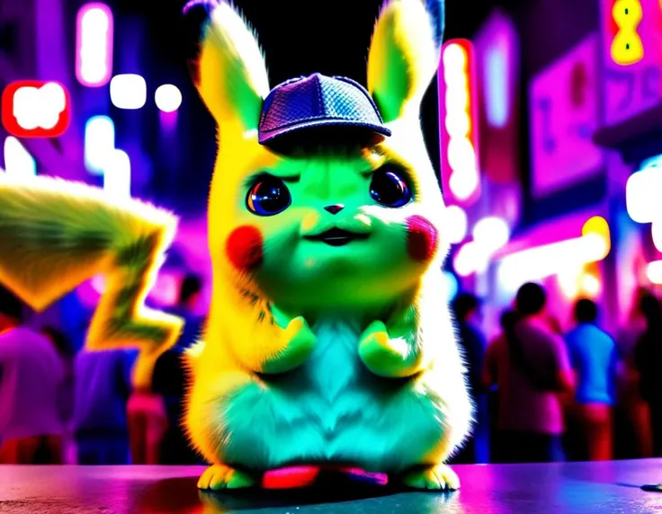 candid RAW Photo, (grumpy:1.2) Pikachu (One hand raised, signaling a question,  bioluminescence , A vibrant street market, with vendors showcasing their unique crafts and products:1.2), <lora:pikachu:0.8>