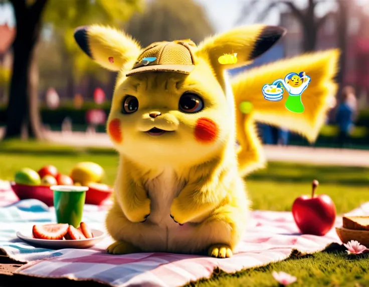 candid RAW Photo, (grumpy:1.2) Pikachu (Leaning back with hands behind head, showing relaxation, spring bloom , A sunlit park, filled with children playing and families having picnics:1.2), <lora:pikachu:0.8>