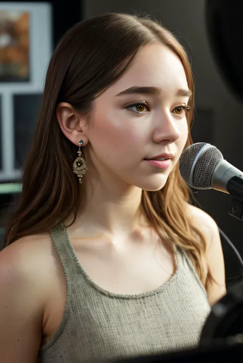 est quality raw photo of (HollyT4yl0r01:0.99), a woman as a presenter in radio show, modelshoot style, (extremely detailed CG unity 8k wallpaper), photo of the most beautiful artwork in the world, professional majestic oil painting by Ed Blinkey, Atey Ghailan, Studio Ghibli, by Jeremy Mann, Greg Manchess, Antonio Moro, trending on ArtStation, trending on CGSociety, Intricate, High Detail, Sharp focus, dramatic, photorealistic painting art by midjourney and greg rutkowski, (shirt and pants:1.1), ((radio studio)), ((recording a radio show)), ((bbc radio)), (looking at the camera:1.2), (detailed pupils:1.3), (earrings:1.2), (closeup:1.2), (shoulder duster earrings:1.2), (glossy lips:1.2)