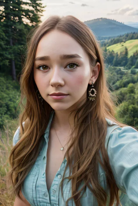 ((Selfie:1.1)), (raw:1.1) photo of (HollyT4yl0r01:0.99), a woman as a model, modelshoot style, (extremely detailed CG unity 8k wallpaper), photo of the most beautiful artwork in the world, professional majestic oil painting by Ed Blinkey, Atey Ghailan, Studio Ghibli, by Jeremy Mann, Greg Manchess, Antonio Moro, trending on ArtStation, trending on CGSociety, Intricate, High Detail, Sharp focus, dramatic, photorealistic painting art by midjourney and greg rutkowski, (summer dress:1.2), (standing on a camping ground in a forest:1.2), (makeup:1.1), ((hillside with trees in background:1.2)), ((Oregon :1.2)), (looking at viewer:1.3), (detailed pupils:1.3), (modern outfit:1.2), (closeup), (earrings)