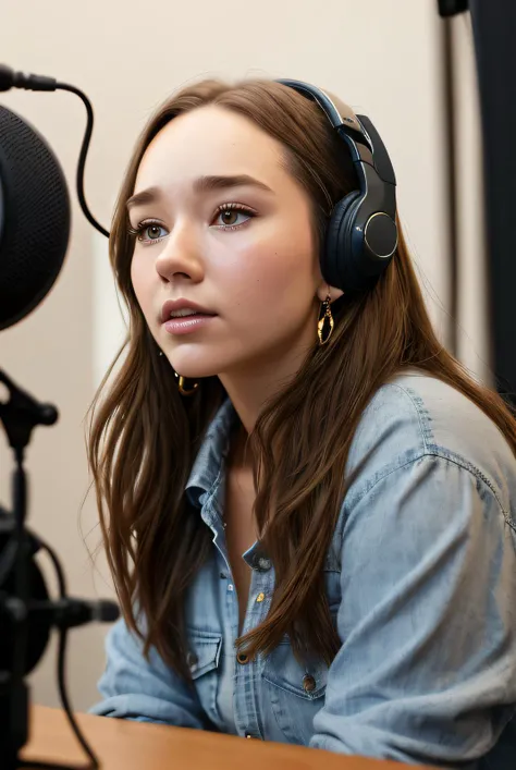 est quality raw photo of (HollyT4yl0r01:0.99), a woman as a presenter in radio show, modelshoot style, (extremely detailed CG unity 8k wallpaper), photo of the most beautiful artwork in the world, professional majestic oil painting by Ed Blinkey, Atey Ghailan, Studio Ghibli, by Jeremy Mann, Greg Manchess, Antonio Moro, trending on ArtStation, trending on CGSociety, Intricate, High Detail, Sharp focus, dramatic, photorealistic painting art by midjourney and greg rutkowski, (shirt and pants:1.1), ((radio studio)), ((recording a radio show)), ((bbc radio)), (looking at the camera:1.2), (detailed pupils:1.3), (earrings:1.2), (closeup:1.2), (shoulder duster earrings:1.2), (glossy lips:1.2)
