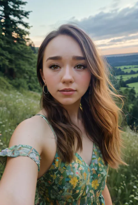 ((Selfie:1.1)), (raw:1.1) photo of (HollyT4yl0r01:0.99), a woman as a model, modelshoot style, (extremely detailed CG unity 8k wallpaper), photo of the most beautiful artwork in the world, professional majestic oil painting by Ed Blinkey, Atey Ghailan, Studio Ghibli, by Jeremy Mann, Greg Manchess, Antonio Moro, trending on ArtStation, trending on CGSociety, Intricate, High Detail, Sharp focus, dramatic, photorealistic painting art by midjourney and greg rutkowski, (summer dress:1.2), (standing on a camping ground in a forest:1.2), (makeup:1.1), ((hillside with trees in background:1.2)), ((Oregon :1.2)), (looking at viewer:1.3), (detailed pupils:1.3), (modern outfit:1.2), (closeup), (earrings)