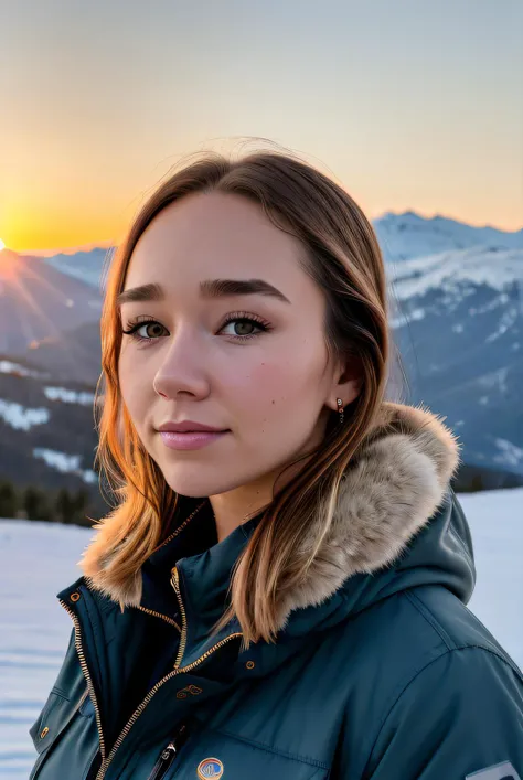 best quality raw photo of (HollyT4yl0r01:0.99), looking at viewer, (winter jacket:1.2), photo shot on Nikon D850, 16k, sharp focus, masterpiece, Hyper Detailed, breathtaking, atmospheric perspective, diffusion, pore correlation, skin imperfections, DSLR, 80mm Sigma f2, depth of field, film grain, (outdoor on a snowy mountain:1.1), (mountain in background:1.2:1.1), sunset lighting, (golden hour:1.2), (detailed face:1.1), skin pores, 8k, skin texture, dslr,