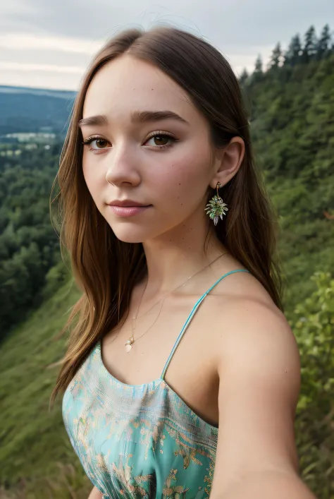 ((Selfie:1.1)), (raw:1.1) photo of (HollyT4yl0r01:0.99), a woman as a model, modelshoot style, (extremely detailed CG unity 8k wallpaper), photo of the most beautiful artwork in the world, professional majestic oil painting by Ed Blinkey, Atey Ghailan, Studio Ghibli, by Jeremy Mann, Greg Manchess, Antonio Moro, trending on ArtStation, trending on CGSociety, Intricate, High Detail, Sharp focus, dramatic, photorealistic painting art by midjourney and greg rutkowski, (summer dress:1.2), (standing on a camping ground in a forest:1.2), (makeup:1.1), ((hillside with trees in background:1.2)), ((Oregon :1.2)), (looking at viewer:1.3), (detailed pupils:1.3), (modern outfit:1.2), (closeup), (earrings)