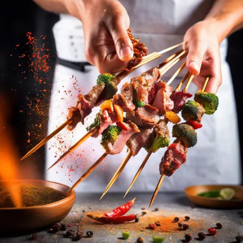 raw photo, reality,in the dark ,a person can be seen holding skewers of meat and spices. The person's hand is firmly gripping one of the skewers, showcasing the delicious array of flavors and aromas. The skewers are expertly prepared, with neat arrangements of meat and spices threaded onto them. The tantalizing mix of colors and textures is evident, making it clear that this dish is a feast for the senses. Additionally, a plate filled with a delectable combination of broccoli and meat is placed nearby, completing the appetizing scene. The dish is presented in an elegant manner, with the vibrant colors of the broccoli and meat contrasting against the white plate. The overall composition is visually appealing, and the image captures the essence of a scrumptious and satisfying meal, <lora:cn_lamb_bbq:0.85>, xhunxhun