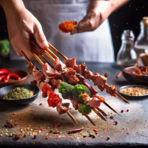 raw photo, reality,in the dark ,a person can be seen holding skewers of meat and spices. The person's hand is firmly gripping one of the skewers, showcasing the delicious array of flavors and aromas. The skewers are expertly prepared, with neat arrangements of meat and spices threaded onto them. The tantalizing mix of colors and textures is evident, making it clear that this dish is a feast for the senses. Additionally, a plate filled with a delectable combination of broccoli and meat is placed nearby, completing the appetizing scene. The dish is presented in an elegant manner, with the vibrant colors of the broccoli and meat contrasting against the white plate. The overall composition is visually appealing, and the image captures the essence of a scrumptious and satisfying meal, <lora:cn_lamb_bbq:0.85>, xhunxhun